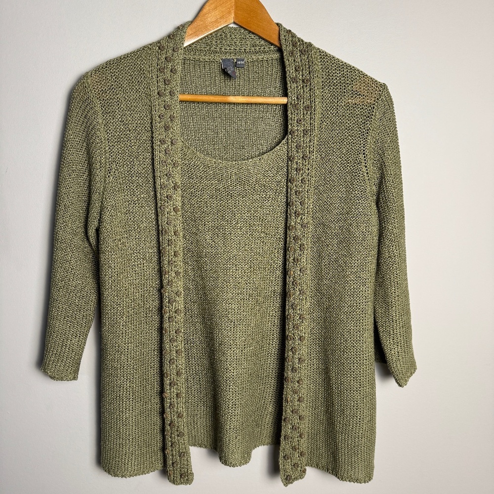 Jana Heavy Mesh Knit 3/4 Sleeve Lagenlook Sweater with Attached Front‎ Green M
